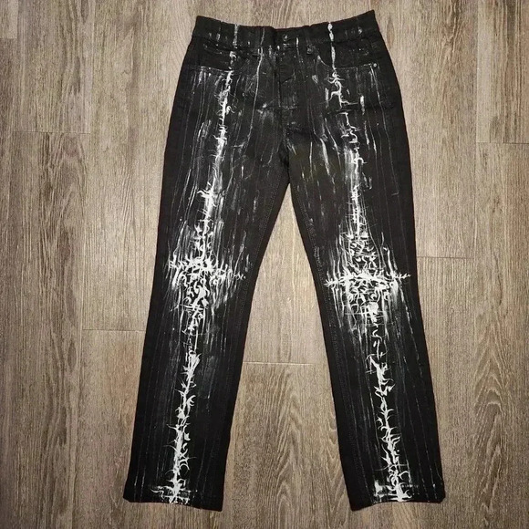 Gothic & grunge black and white abstract hand-painted straight-legged jeans - Picture 9 of 16